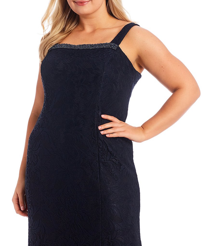 Le Bos Plus Size Embroidered Stretch Lace Square Neck 3/4 Sleeve 2-Piece Jacket Dress