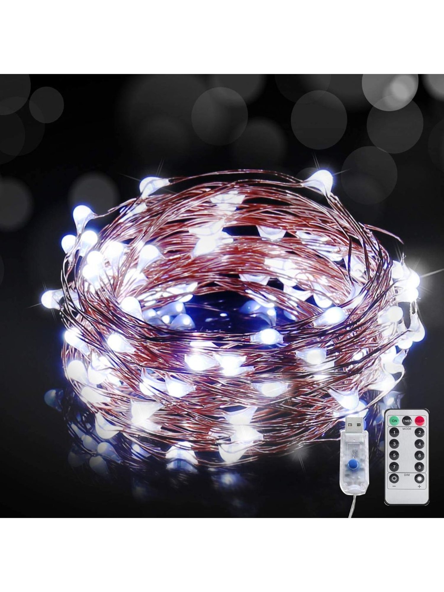 XERGY 33ft Long 100 LED (Silver) Wire Fairy String Lights 8 Modes LED String Lights (White)