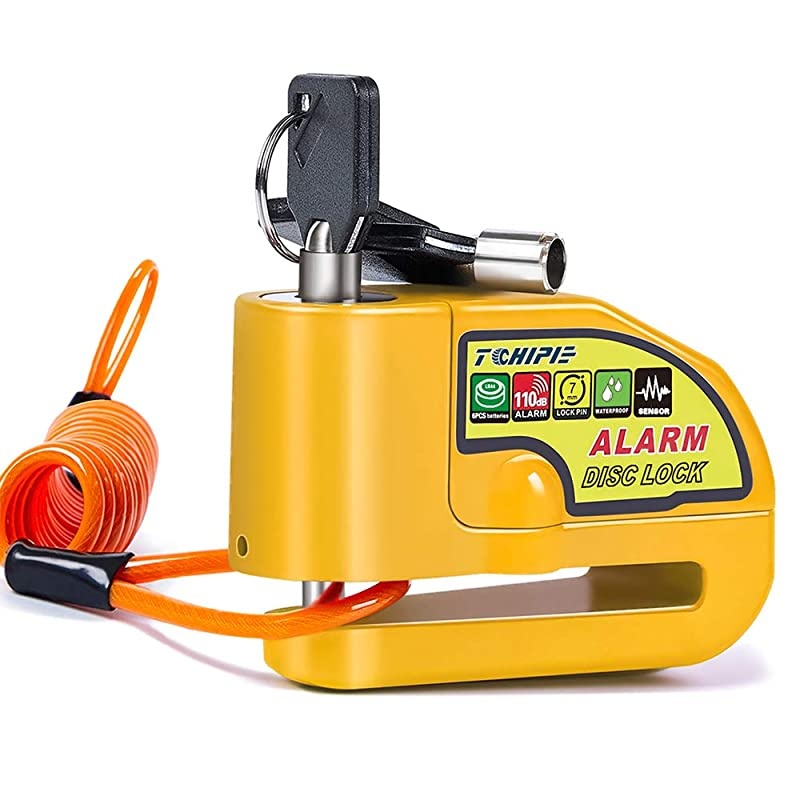 Motorcycle Alarm Disc Brake Lock Anti Theft Motorbike Security Wheel Disk Lock for 7mm Brake Rotor with 110db Alarm Sound with 15m5ft Reminder Cable for Harley Davidson etc Yellow