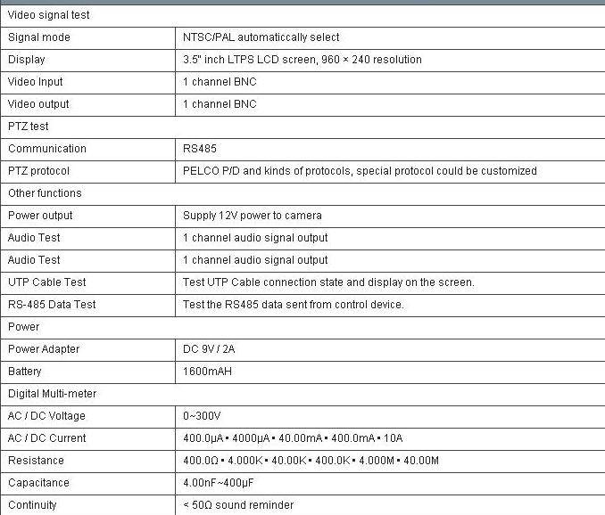 CCTV Tester Monitor 3.5" Support UDP, PTZ, 12V Power Output , Power tester