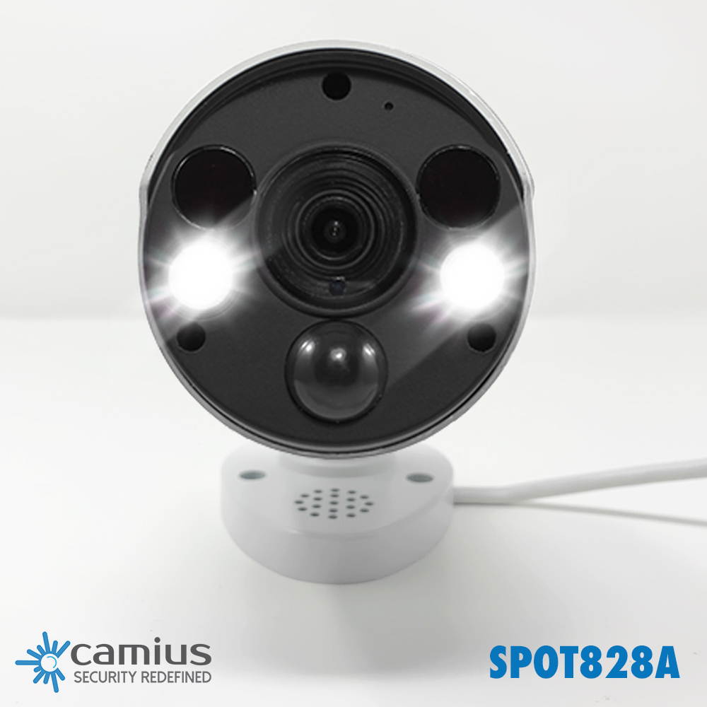 2-Pack Camius SPOT828A Smart 4K Security IP Camera 2-way Audio, powerful security spotlights, Siren, PoE wired, Color night vision, PC, mac software, browser, app, RTSP, works with 12V DC, IP66