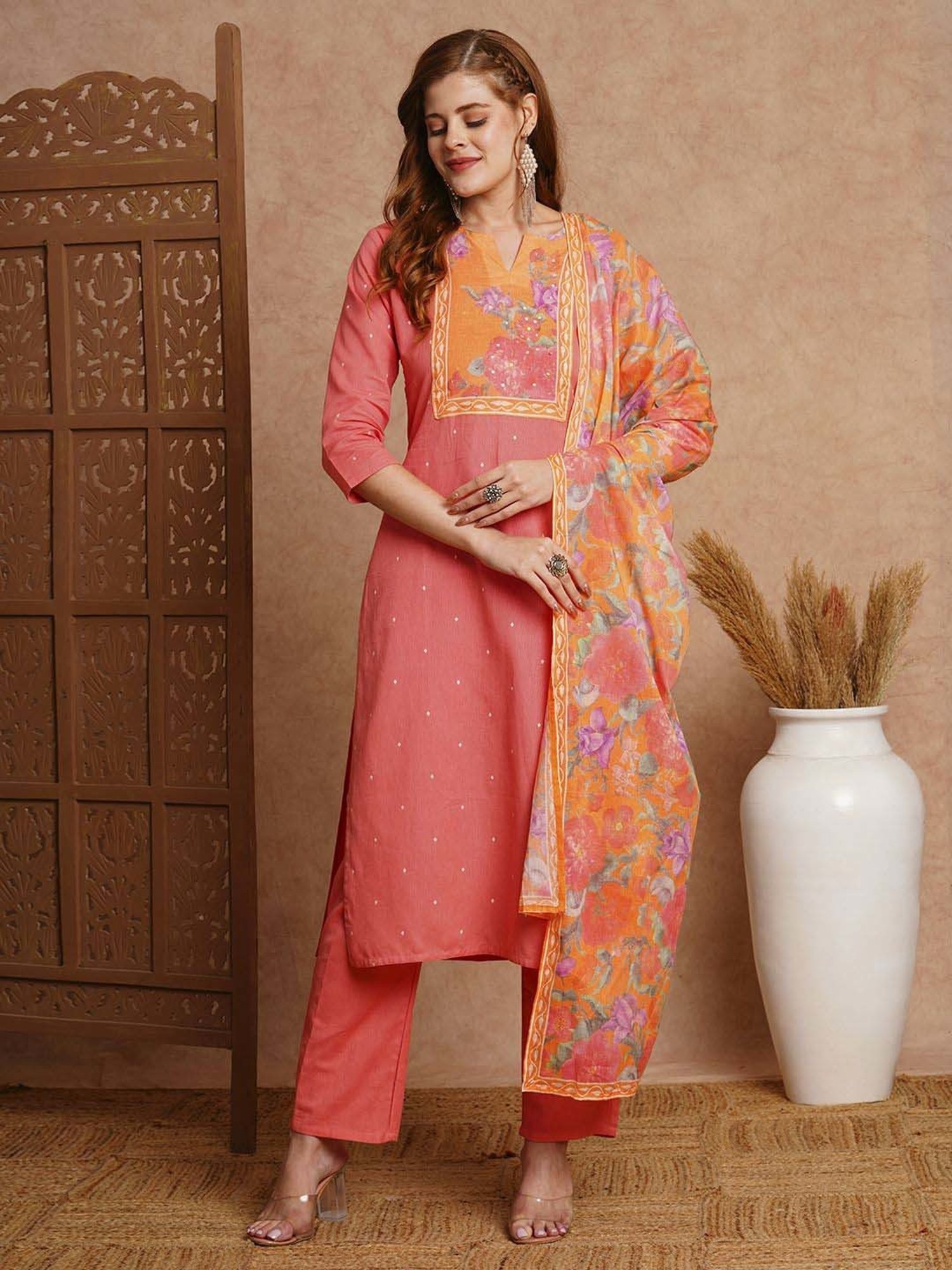 Fashor Coral Cotton Printed Kurta & Pant Set With Dupatta