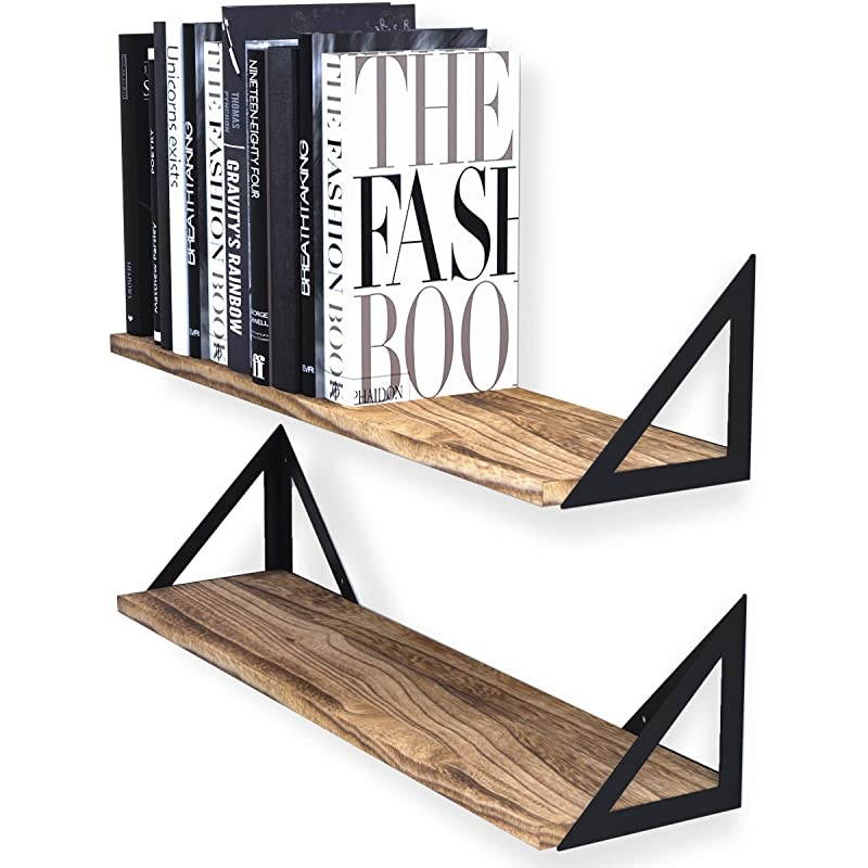Minori Floating Shelves Set of 2 Small Bookshelf Unit for Bedroom Office and Living Room Natural Burned Rustic Wood Wall Decor with Metal Floating Shelf Bracket