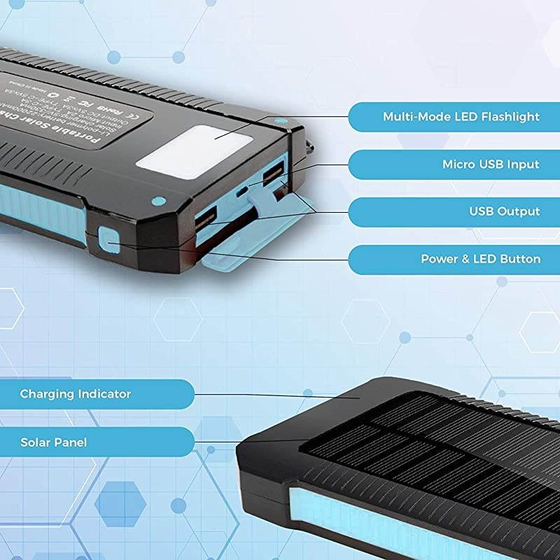 Solar Phone Charger 20000mAh Portable Power Bank Waterproof Battery Packs with Dual Ports Compass Flashlight for Camping Solar Panel for SmartphonesGoPro CameraGPS and Other Devices