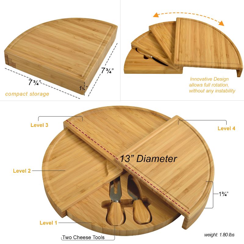 Picnic at Ascot Patented Bamboo Cheese & Charcuterie Board - Stores as a Compact Wedge- Opens to 13" Diameter