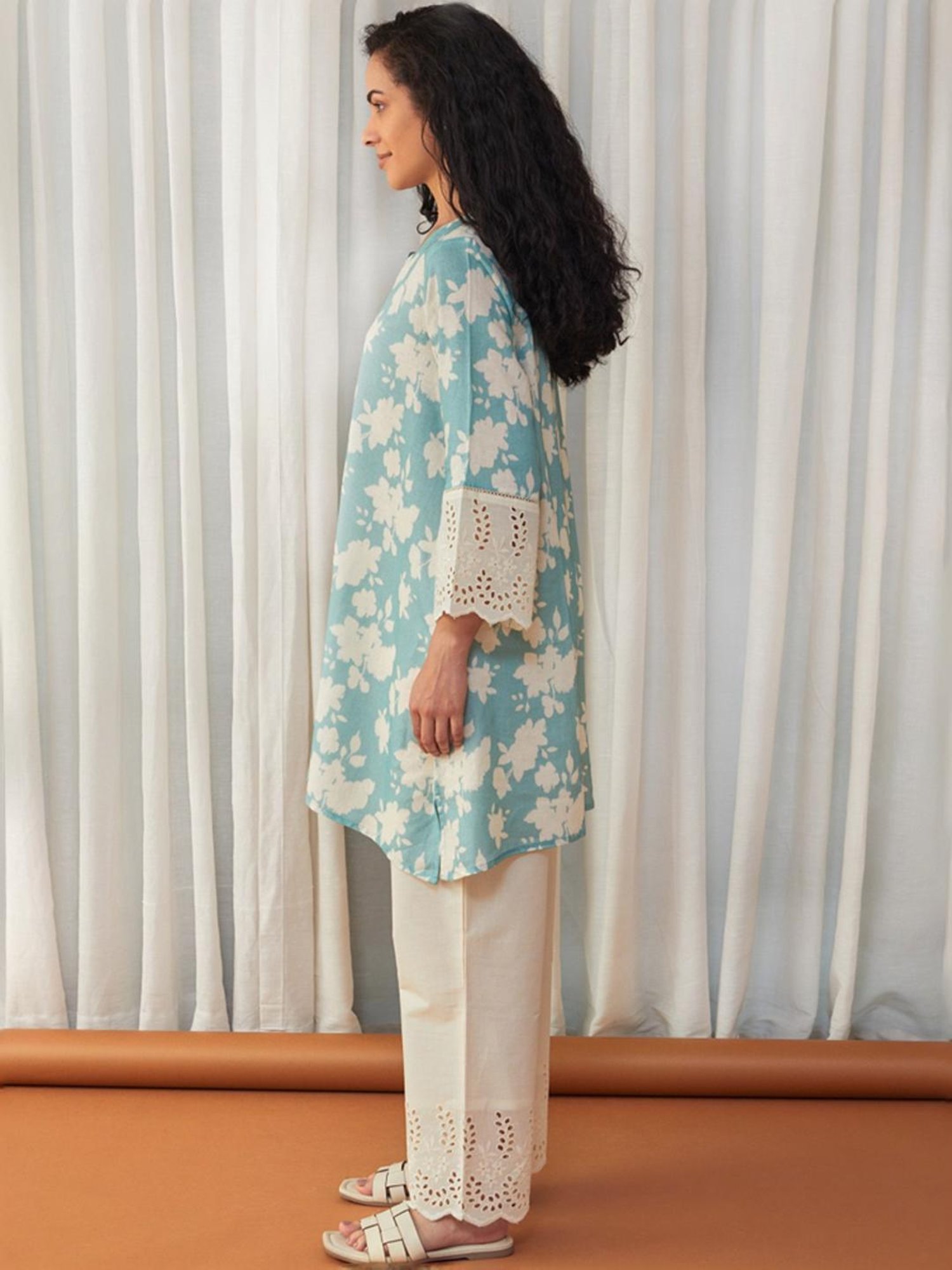 Bombay Bloom Unbleached Aqua Blue Flared Cutwork Linen Tunic with Pant Co-ord Set