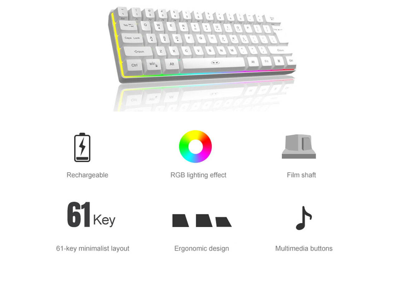 Wireless mini keyboard 61-key mini portable membrane keyboard RGB backlit office keyboard Windows/Mac/laptop keyboard (white)