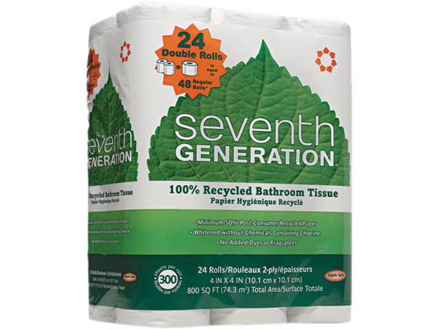 Seventh Generation 13738 100% Recycled Bathroom Tissue, Two-Ply, White, 500 Sheets/Roll, 24 Rolls/Pack, 1 Pack
