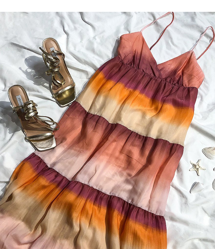 WAYF Dip Dye Print V-Neck Sleeveless Tiered Midi Dress