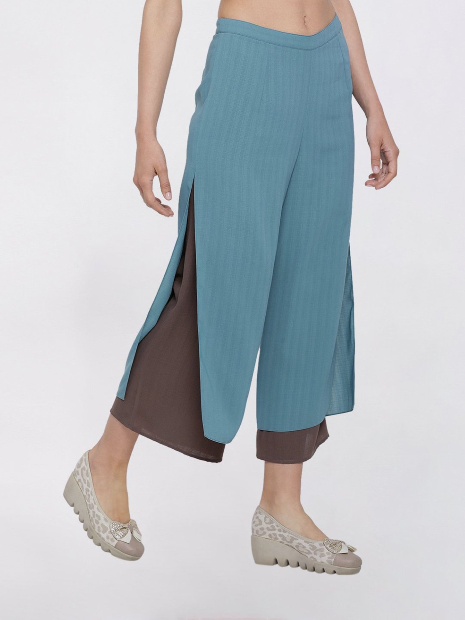 Office & You Teal Blue And Beige Double Layer Palazzo