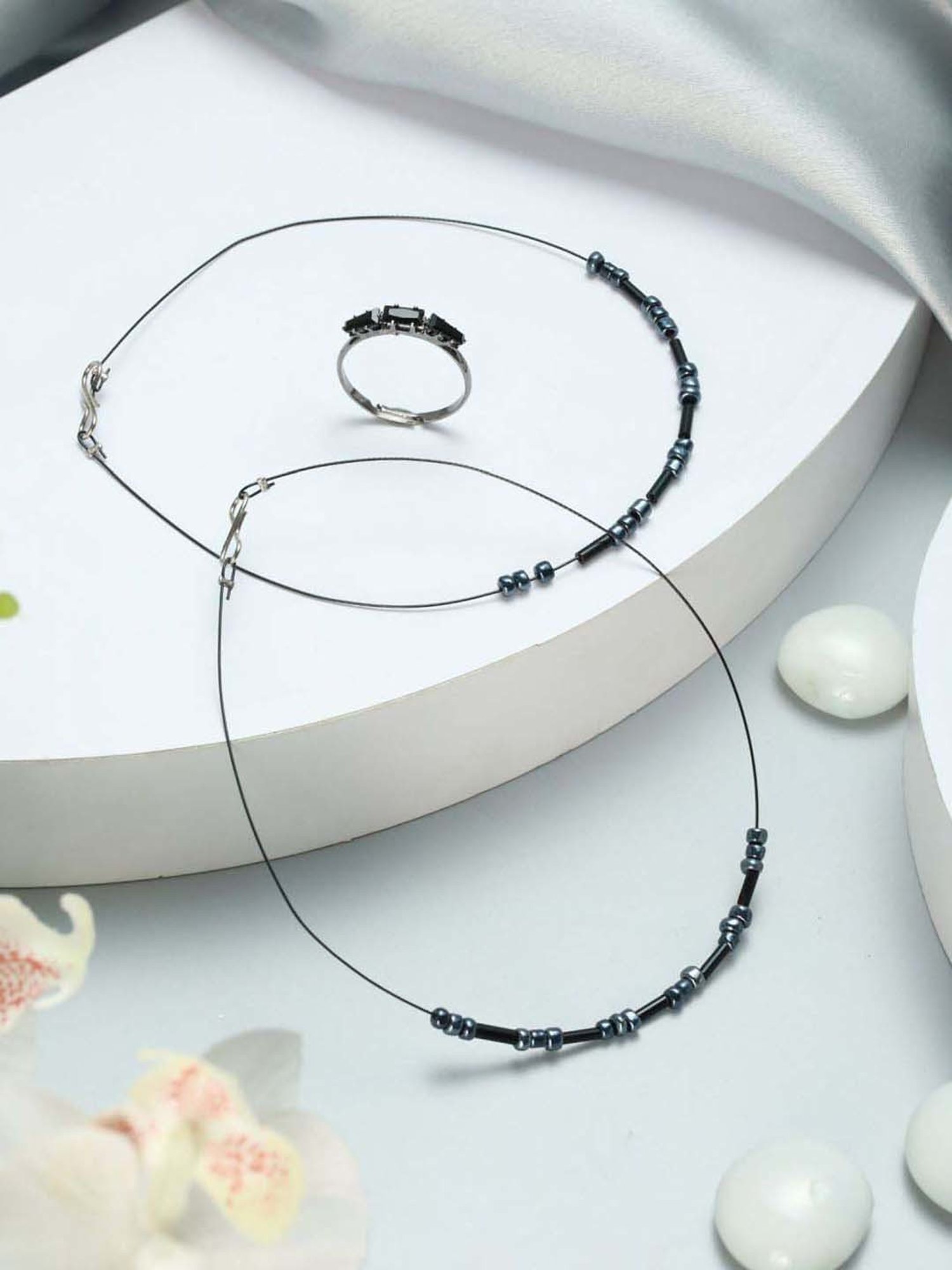 Jazz And Sizzle Black Handcrafted Anklets & 1 Black Stone Ring for Women - Set of 3