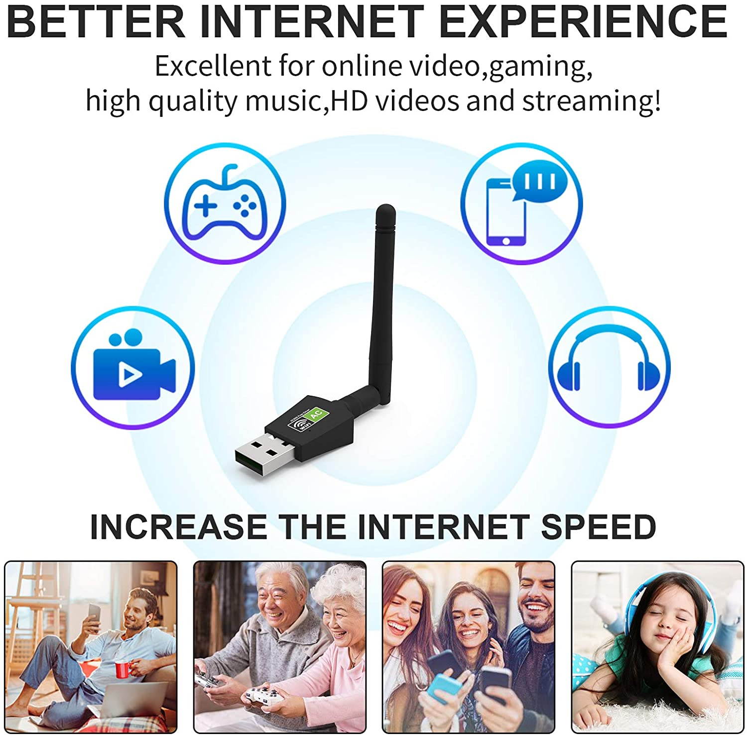 AC600 USB WiFi Adapter for Laptop Desktop PC, 600M Dual Band Wireless Network Adapter with 2.4GHz/5.8GHz High Gain Antenna, Support Windows 10/8/7/XP/Vista, Mac OS 10.9-10.13 and Linux