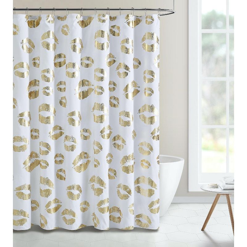 Kate Aurora Chic Metallic Gold Kissing Lips Mold & Mildew Resistant Fabric Shower Curtain