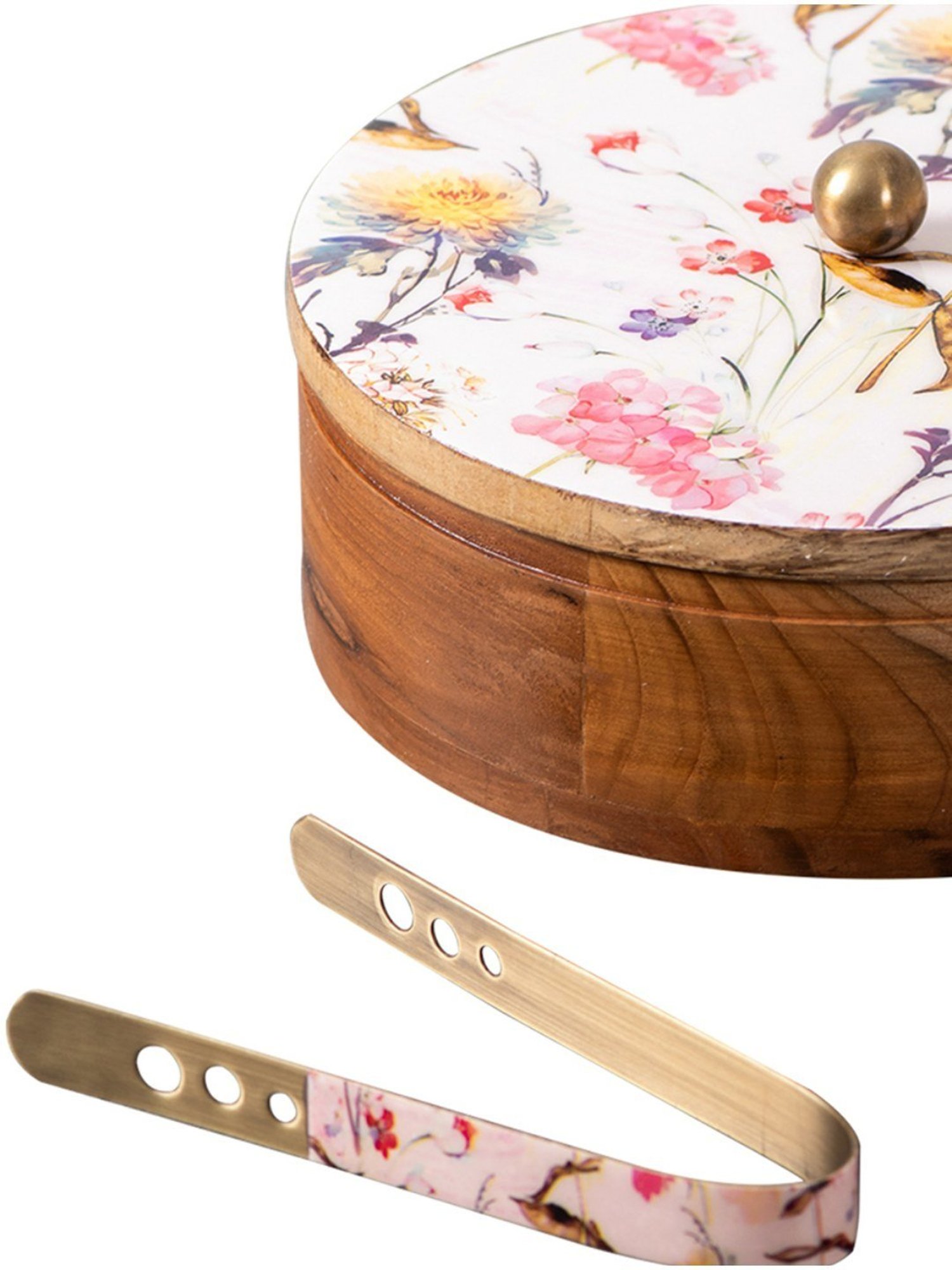 Nestroots White Wooden Casserole Box Chapati Box Food Warmer hotpot roti Box with Printed lid & Tong