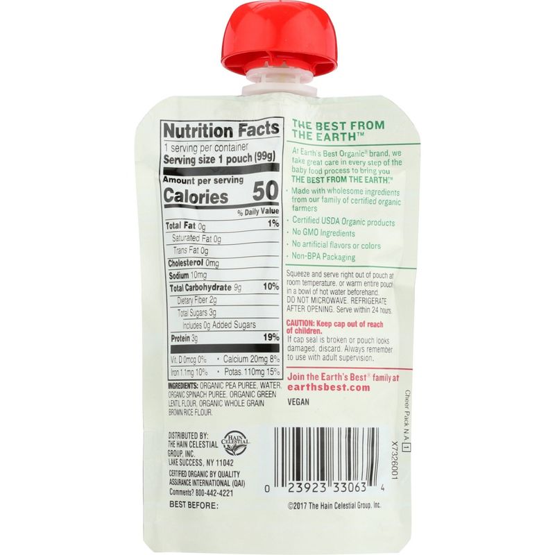 Earth's Best Organic Spinach Lentil Brown Rice Baby Food Pouch - 3.5oz