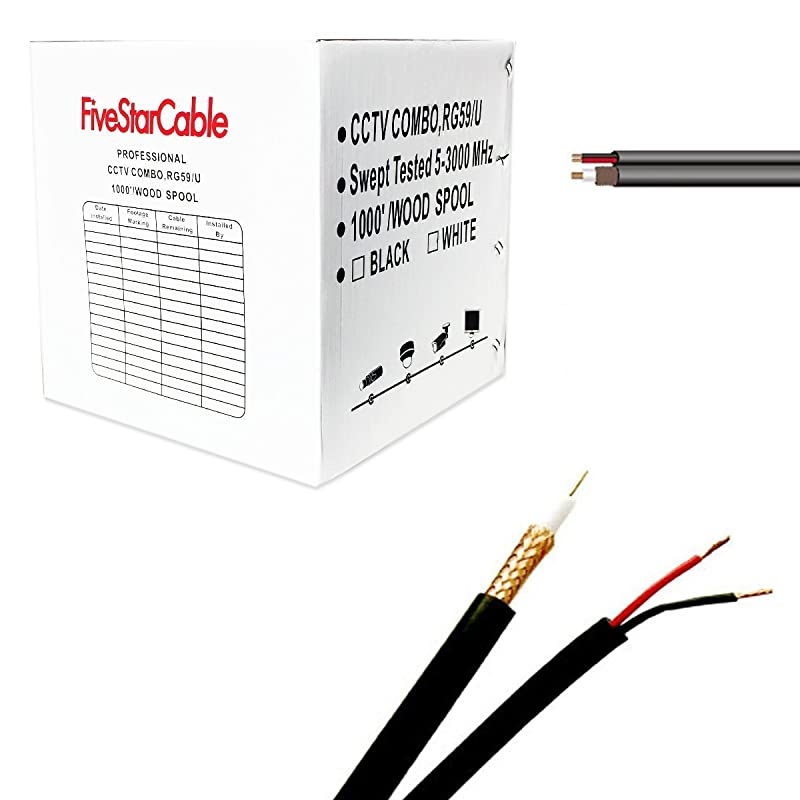 Star Cable RG59 1000 ft. Siamese Coaxial CCTV - Combo 20 AWG RG59 Video + 18/2 18AWG Power Cable Color Black