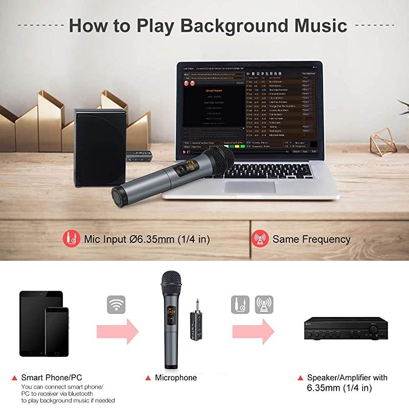 Microphone, 10 Channel UHF Bluetooth Microphone System, Dynamic Handheld Cordless Mic with Rechargeable Receiver(Work 10hrs) for Karaoke/Singing/Speaker/Church/Speech (100ft Range)