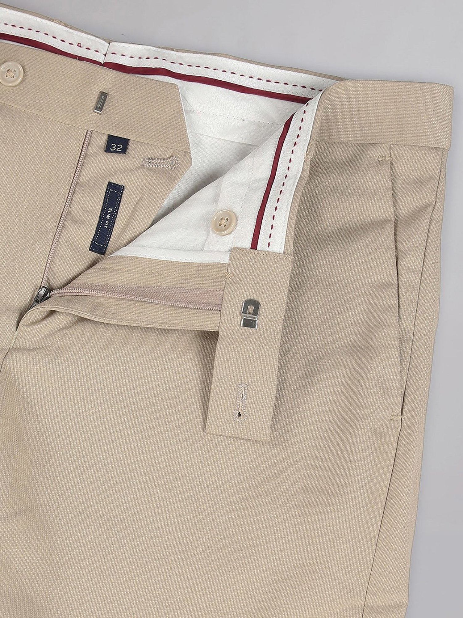 AD by Arvind Light Beige Slim Fit Textured Flat Front Trousers