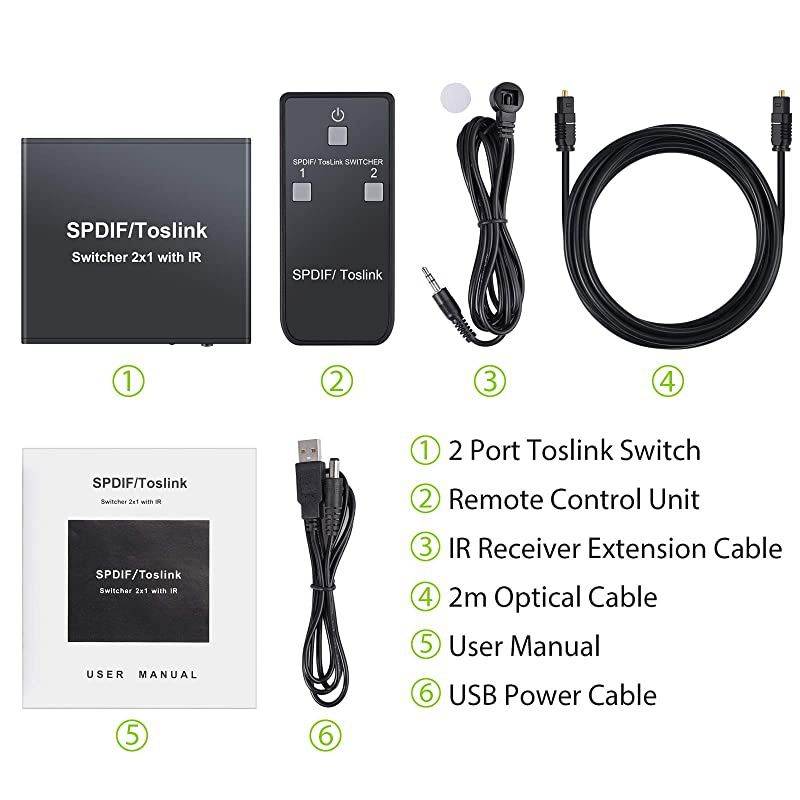 2x1 Digital Optical Audio Switch with IR Remote Control Digital Audio SPDIF Toslink Optical Fiber Switcher 2 in 1 Out Aluminum Alloy with 6ft Optical Cable for PS3 Xbox Blue-Ray DVD HDTV