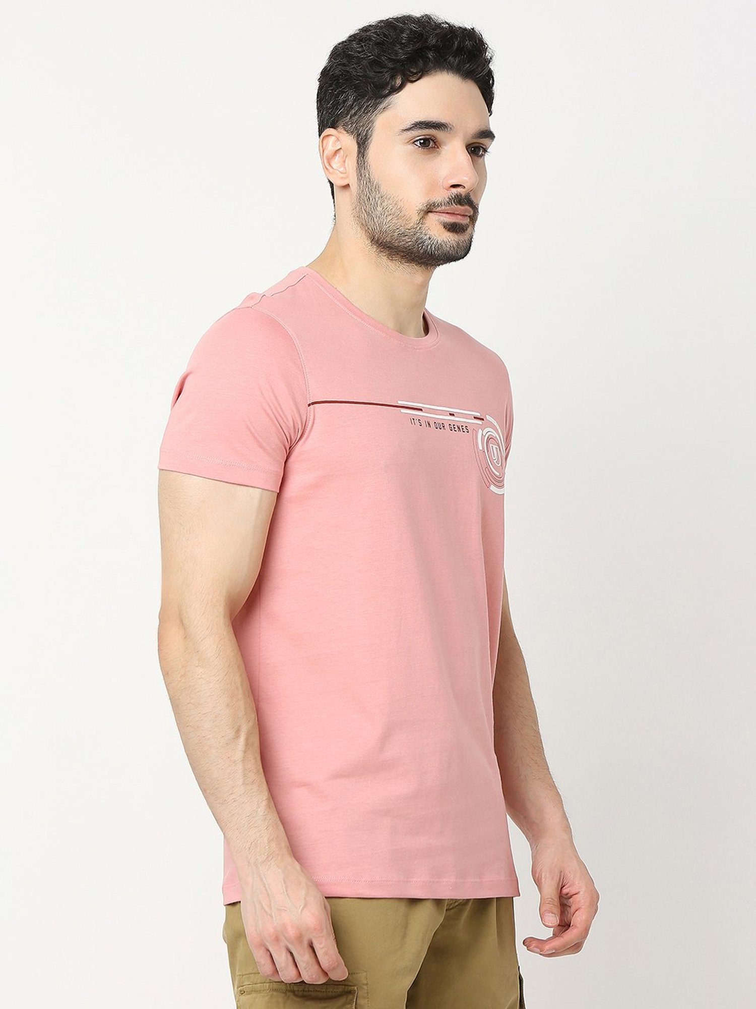 UnderJeans by Spykar Pink Regular Fit Printed Cotton Crew T-Shirt