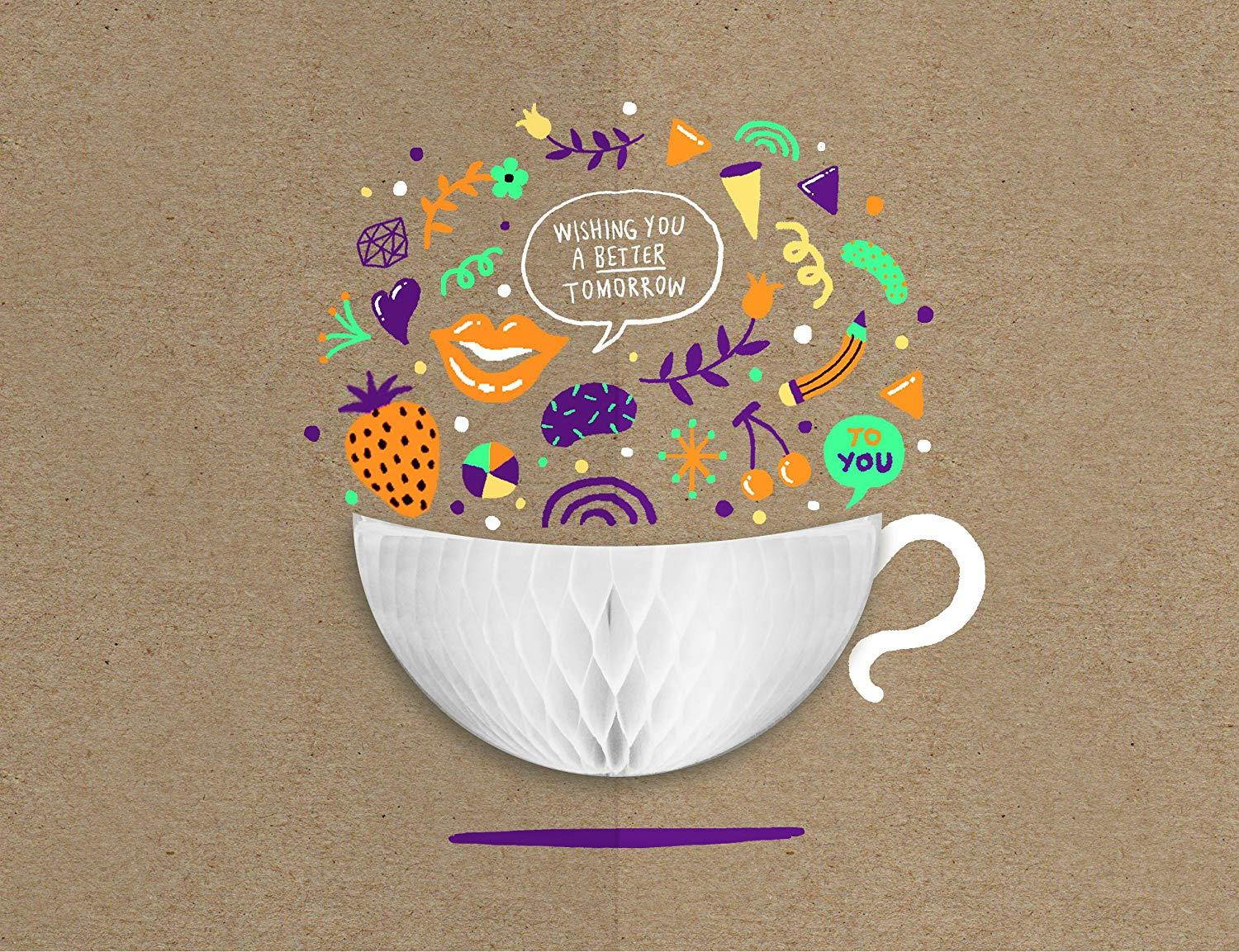 YURICOM Handmade Honeycomb Pop Up Greeting Card (Pack of 1, Teacup)