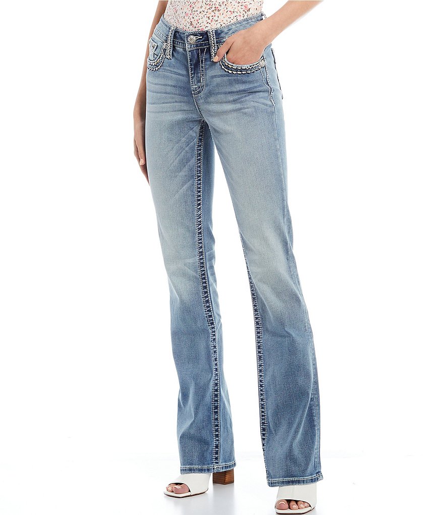 Miss Me Border Stitch Flap Pocket Bootcut Denim Jeans
