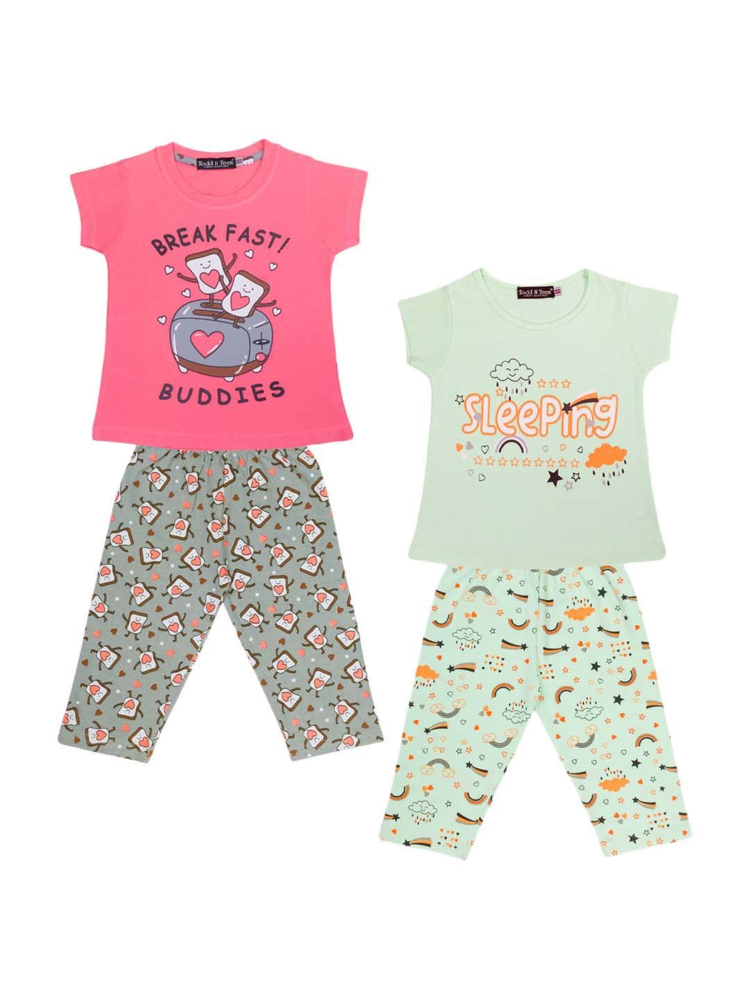 Todd N Teen Kids Pink & Green Cotton Printed T-Shirt & Capris - Pack of 2