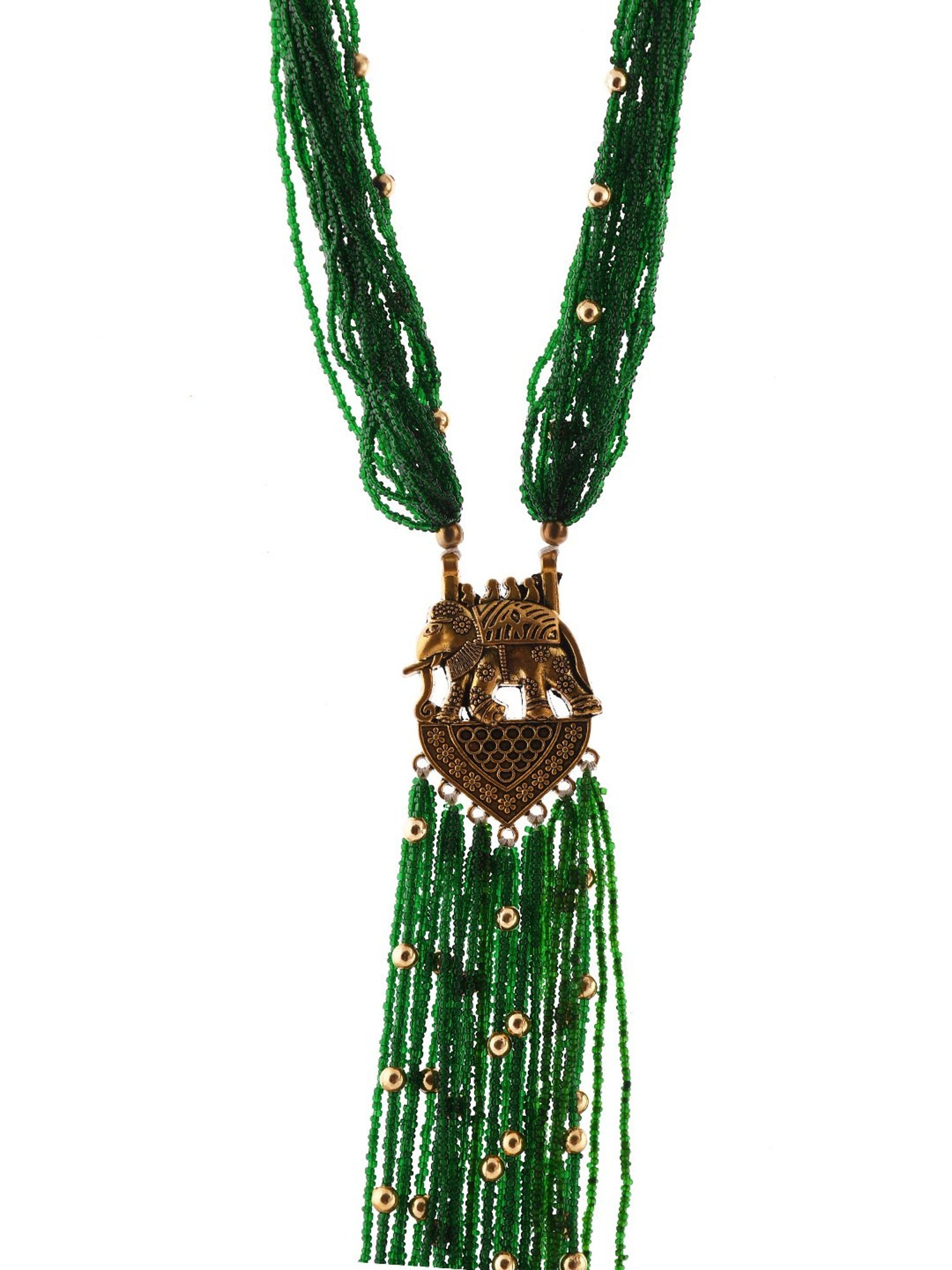 Imli Street Green Golden Long Beaded Handcrafted Necklace