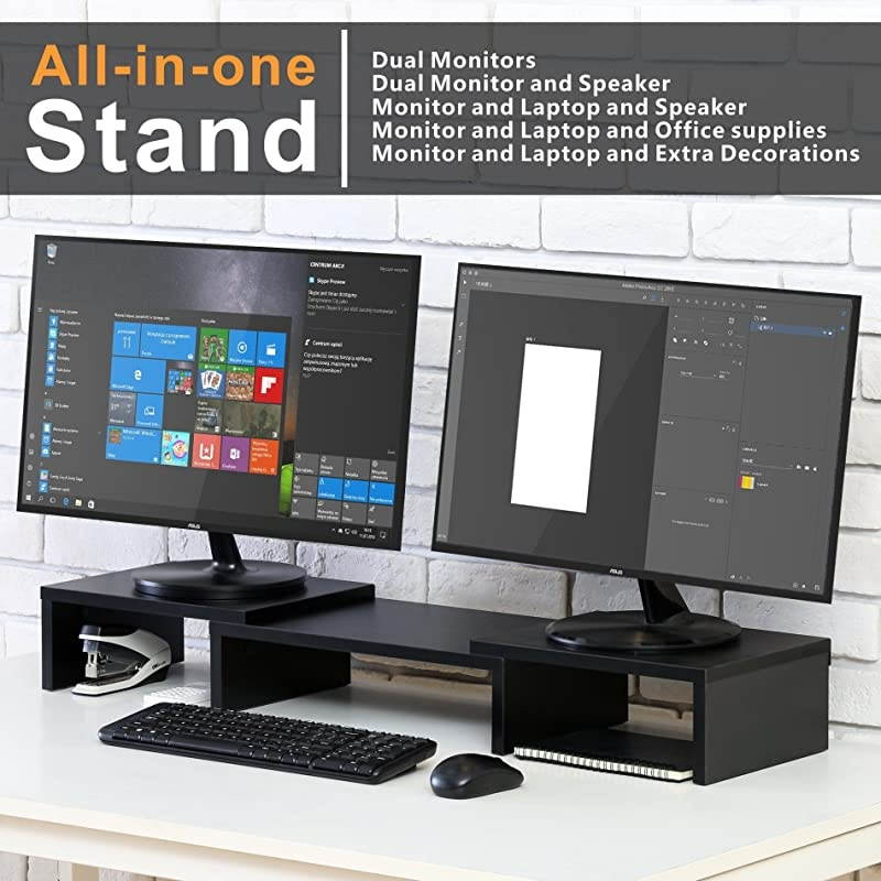 Dual Monitor Stand Riser with Adjustable Length Multi Media Speaker TV PC Laptop Computer Screen Stand Riser Desktop Stand Storage Organizer for iMacPrinterNotebookXbox OneBlack