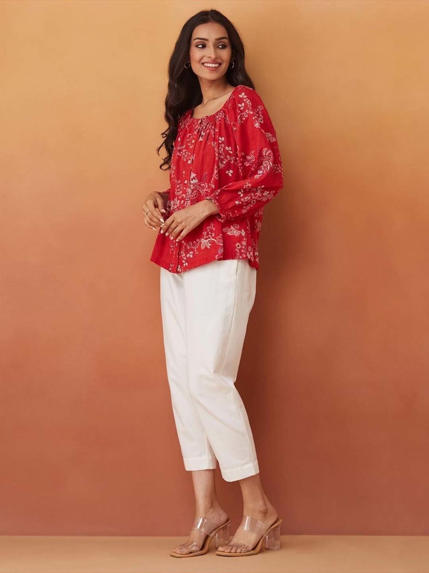 Fabindia Red Cotton Floral Print Top