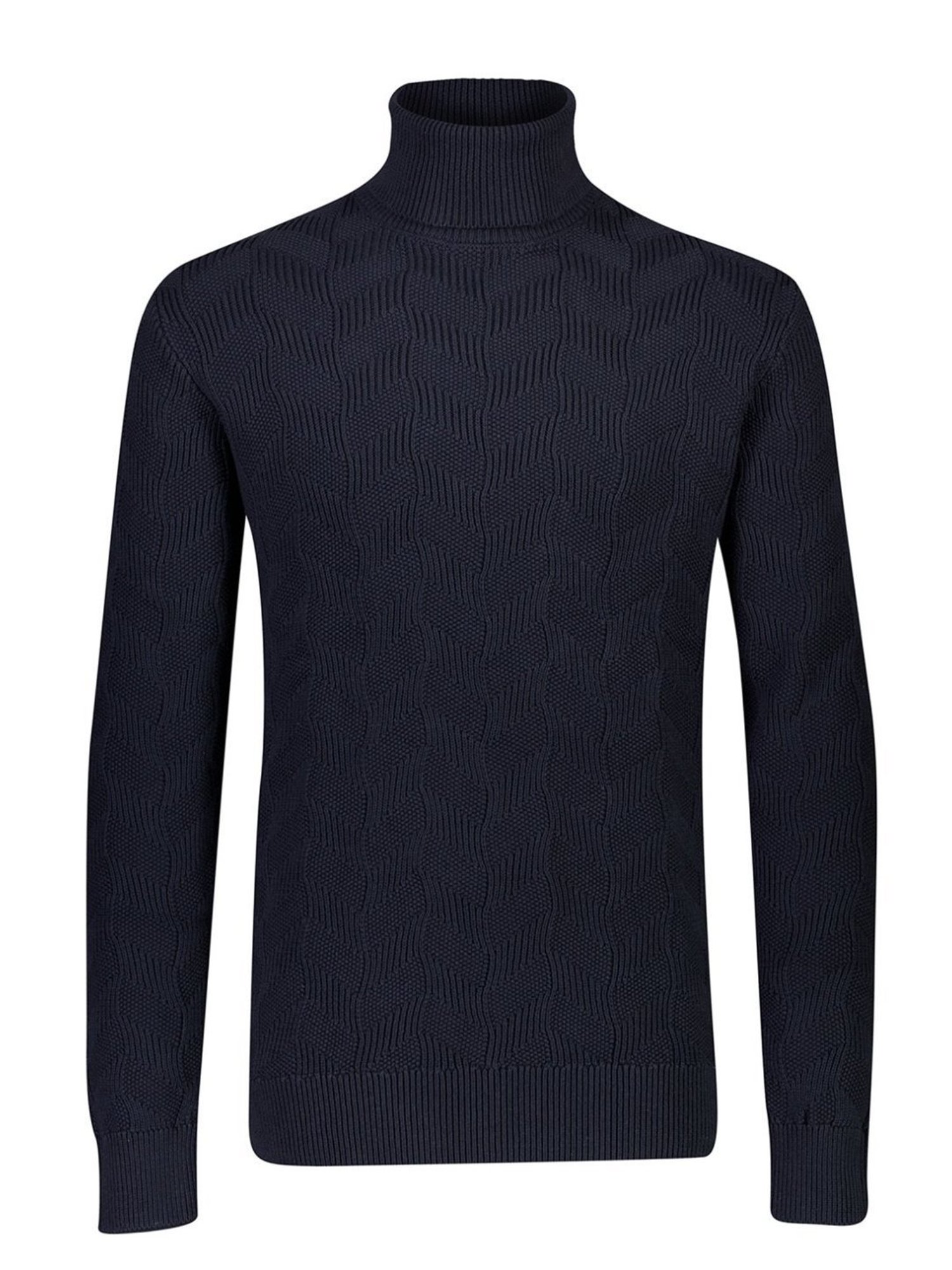 Lindbergh Navy Blue Cotton Regular Fit Self Pattern Sweaters