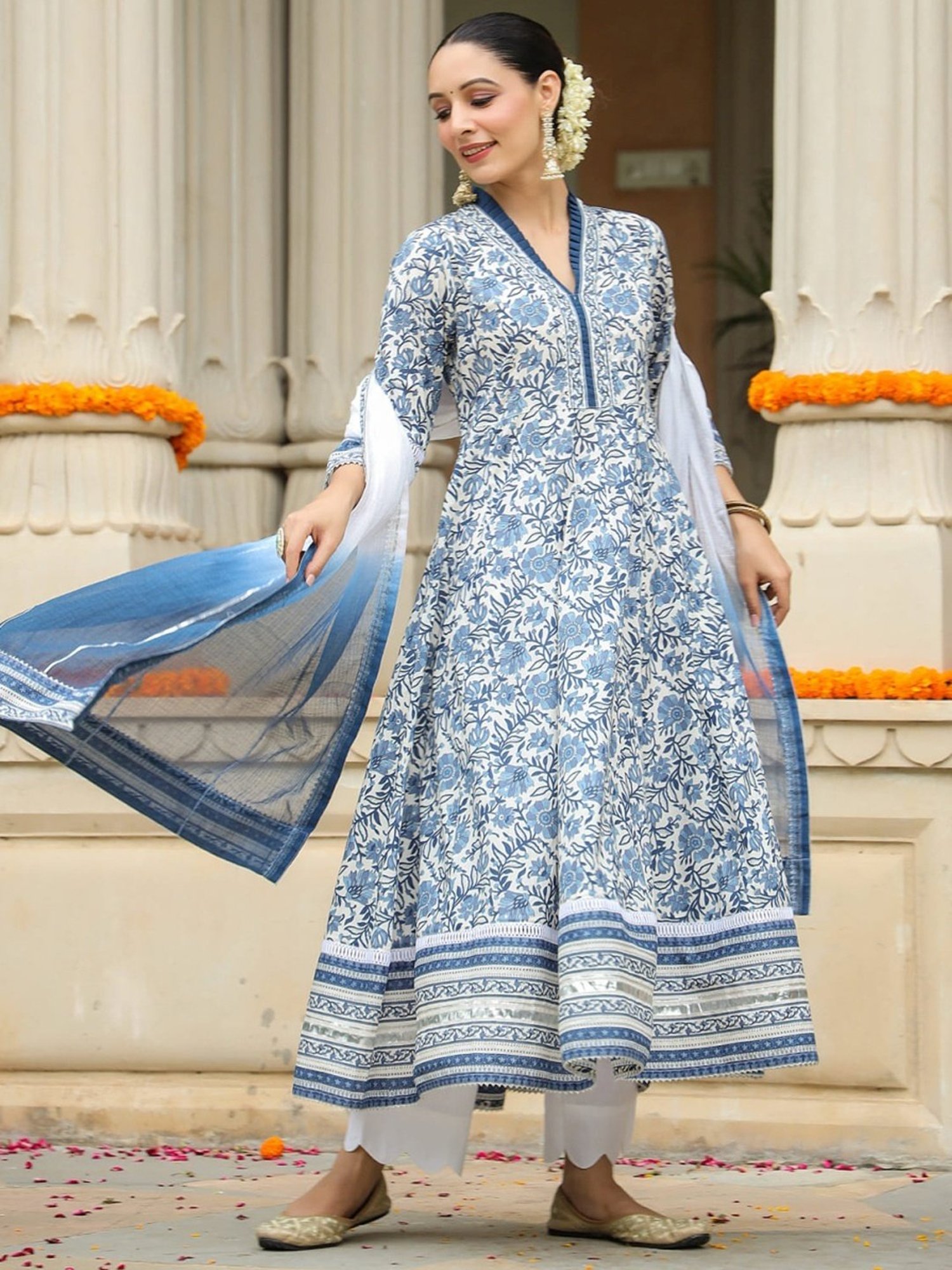 Rain and Rainbow Blue Cotton Floral Print Kurta Pant Set With Dupatta