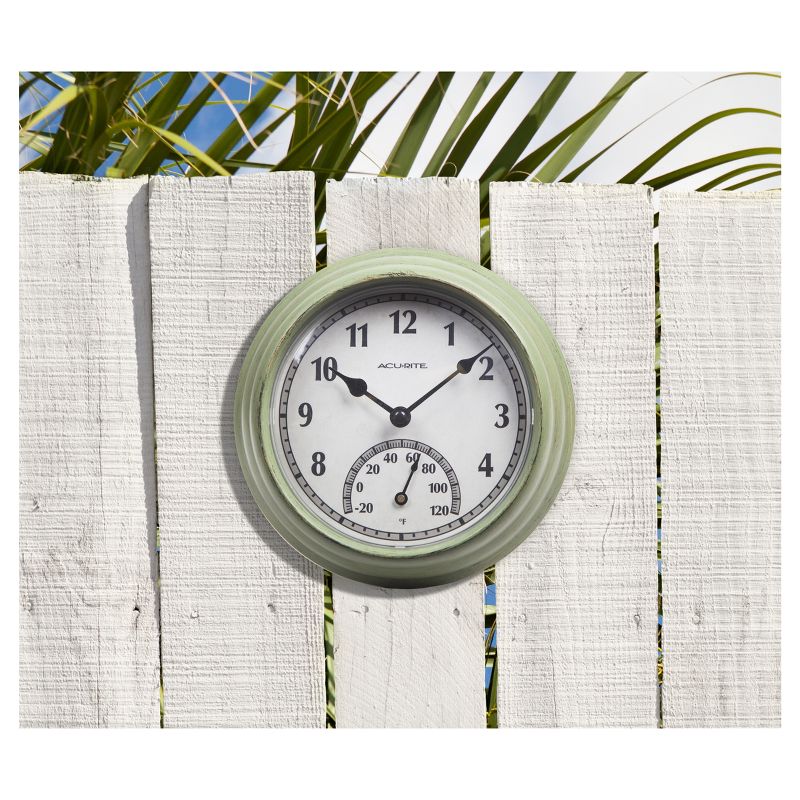 8.5" Outdoor / Indoor Wall Clock with Thermometer - Rustic Weathered Green Finish - Acurite