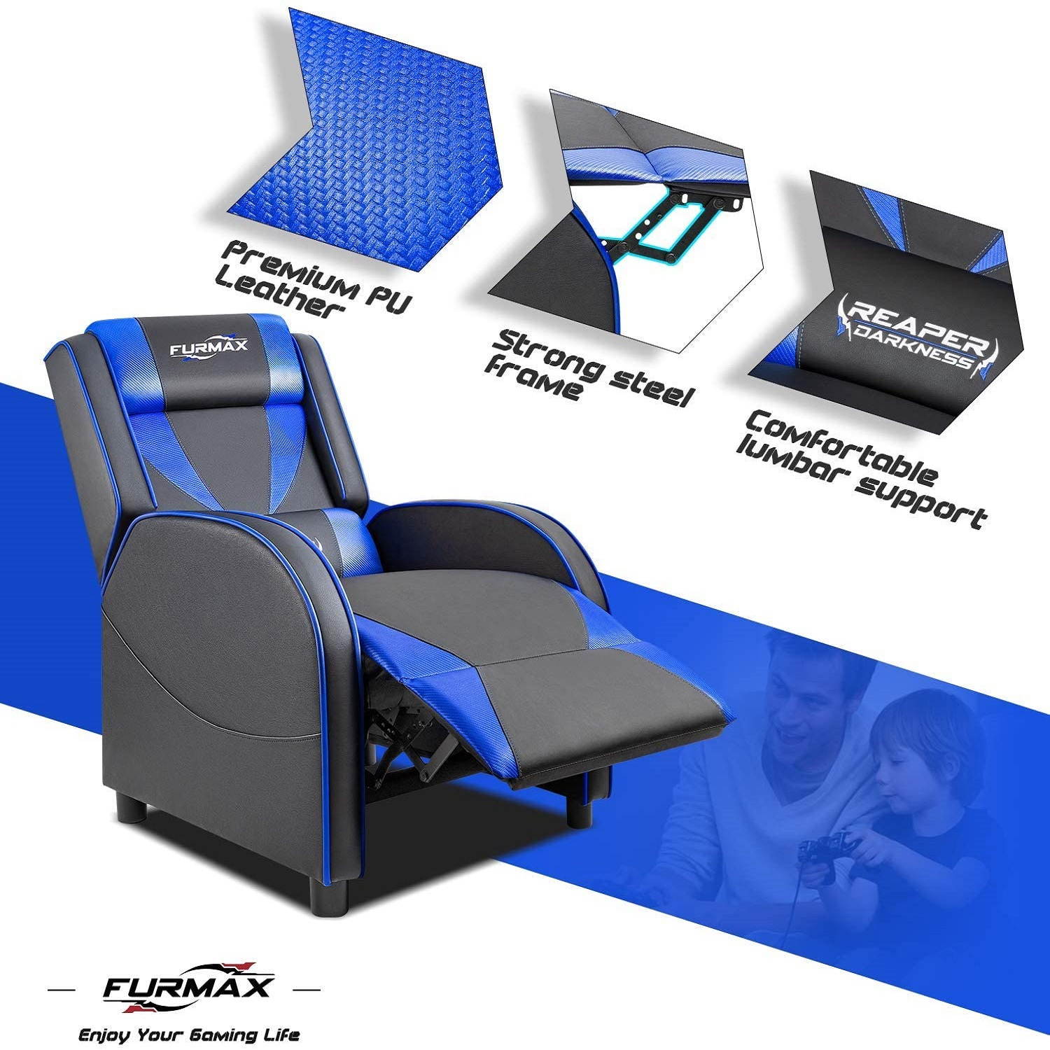 Furmax Gaming Recliner Chair Racing Style Single Ergonomic Lounge Sofa PU Leather Reclining Home Theater Seat for Living Room (Blue)