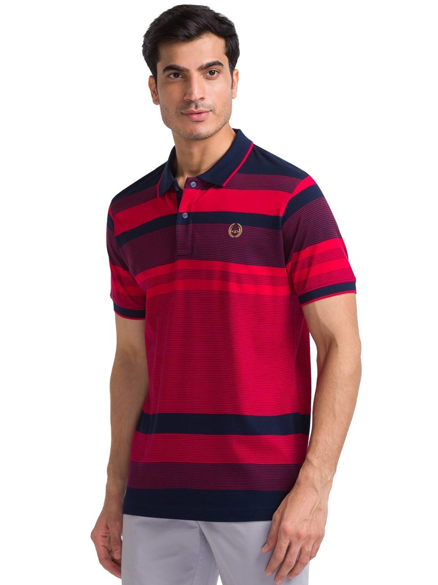 ColorPlus Red Cotton Tailored Fit Striped Polo T-Shirt