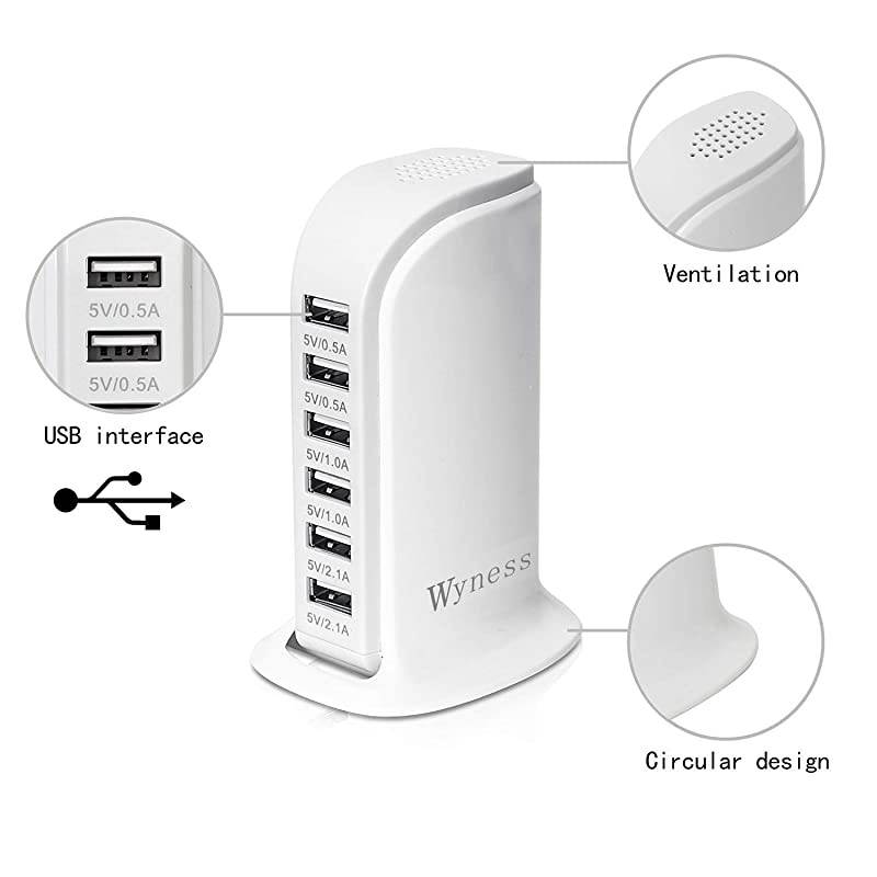Tower Power Adapter 6-Port Smart IC Tech Charging Station with Quick Charge 2.1 for Phone, Tablets, and More (White)