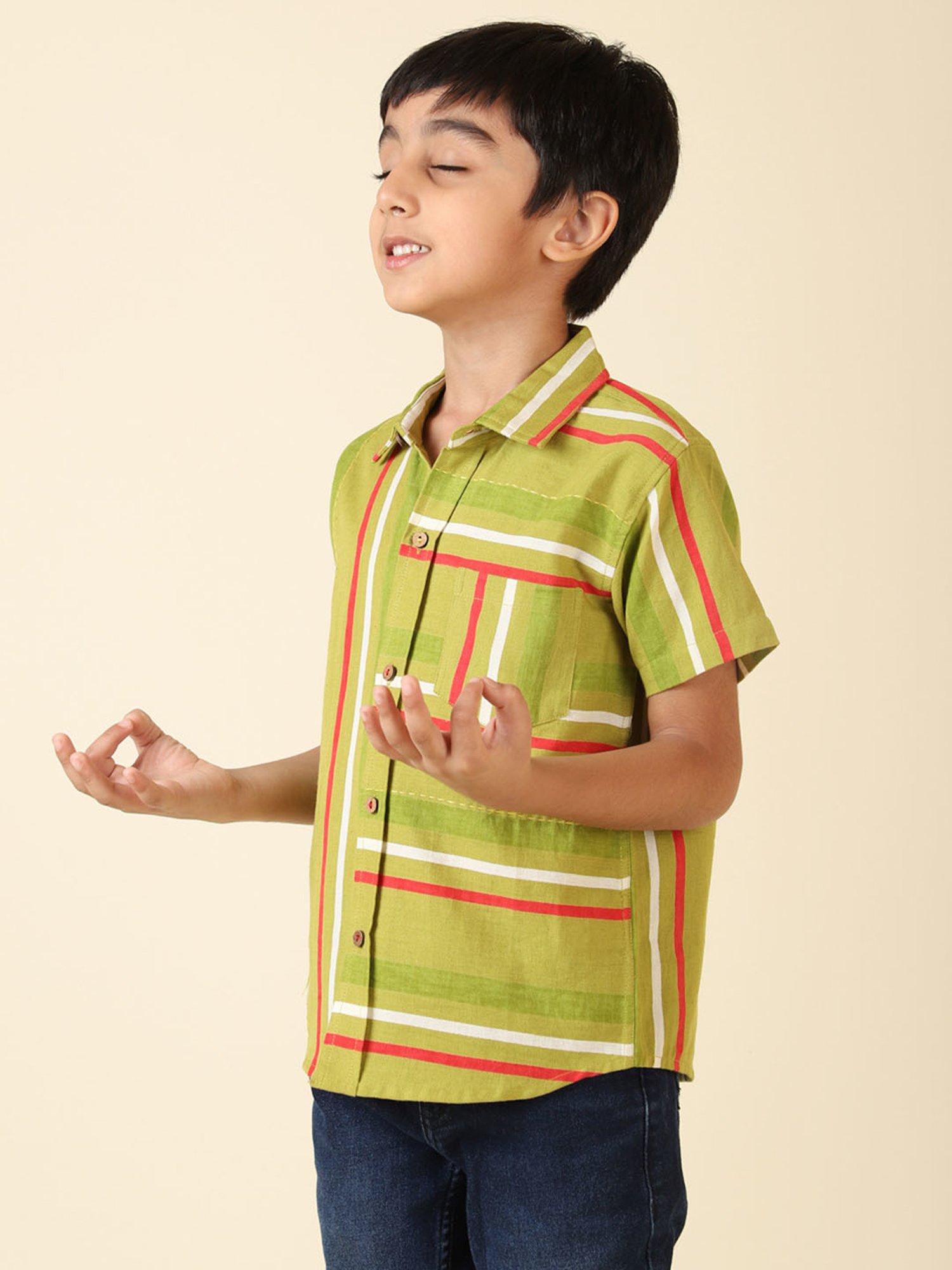 Fabindia Kids Green Striped Shirt