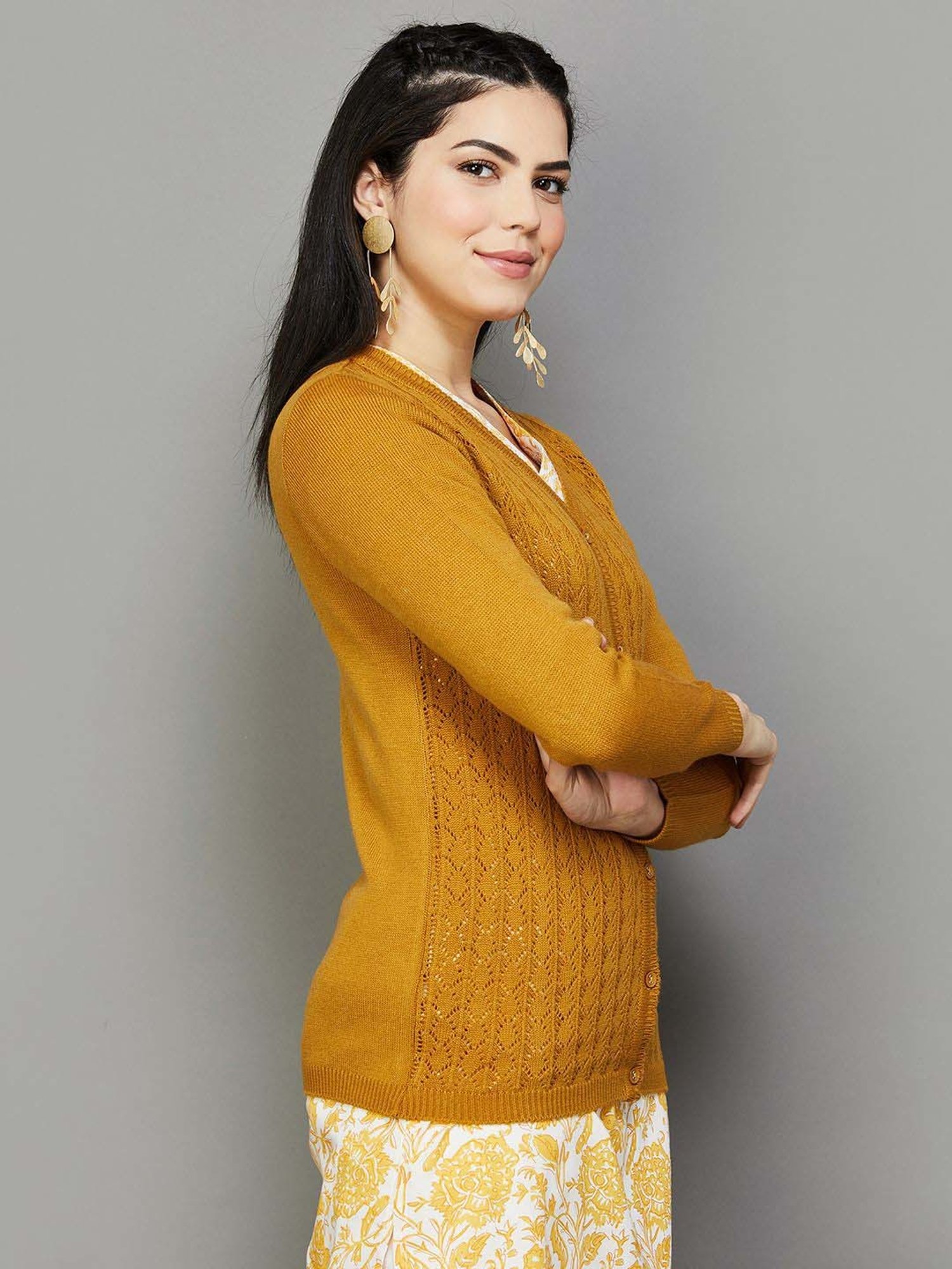 Melange by Lifestyle Yellow Self Pattern Cardigan