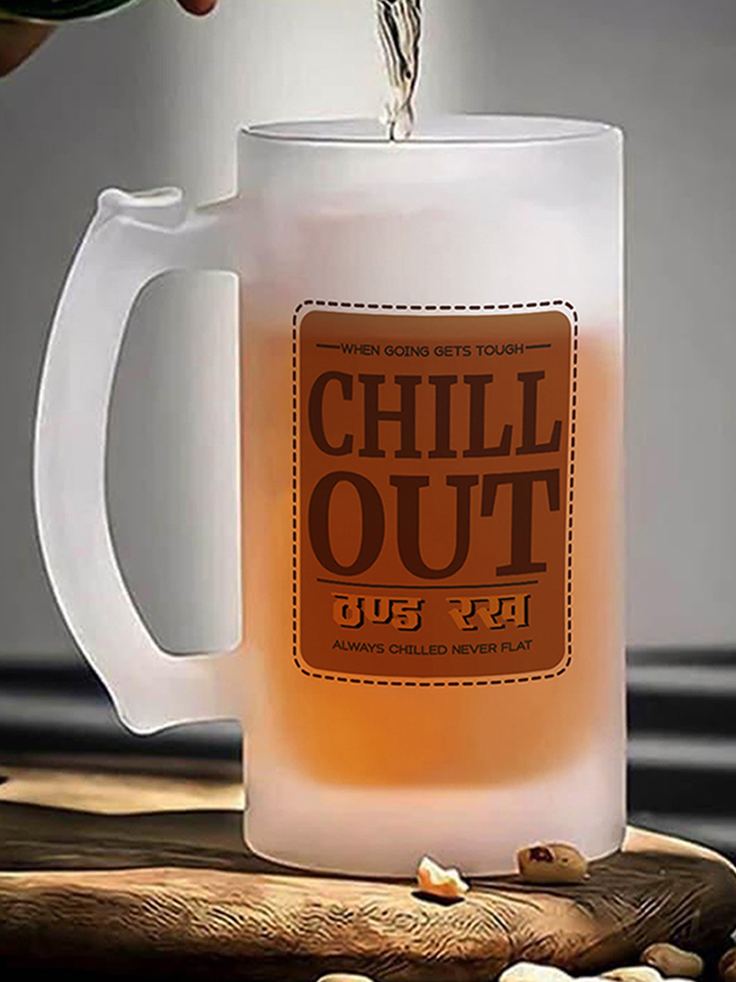 Gathari Chill Out Quote White Glass Beer Mug with Handle 470 ml