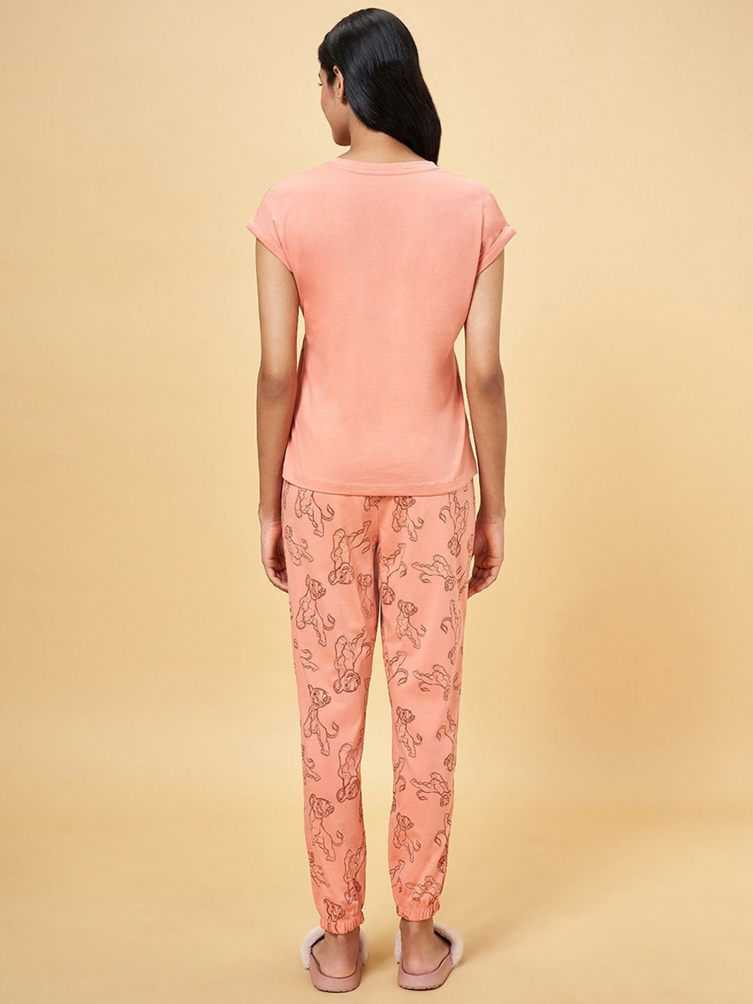 Dreamz by Pantaloons Peach Cotton Graphic Print T-Shirt Pyjama Set