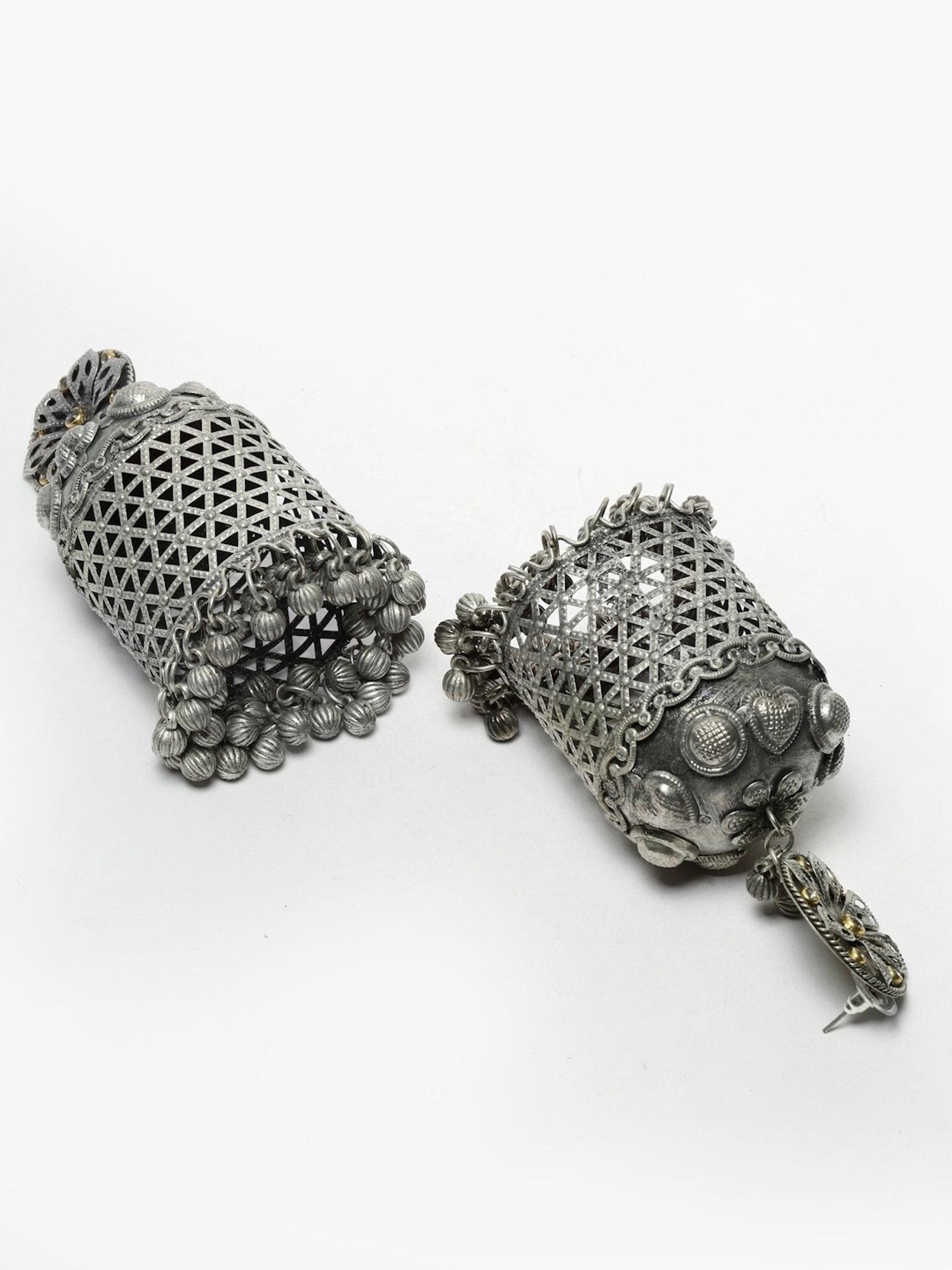 Moedbuille Crystal Studded Antique Tribal Design Oxidized Silver-Plated Handcrafted Jhumki Earrings