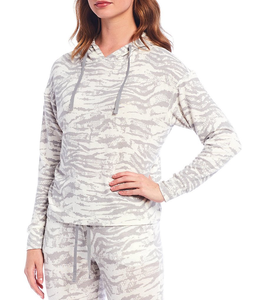 Jasmine & Ginger Zebra Print Brushed Knit Hooded Pullover Sleep Top