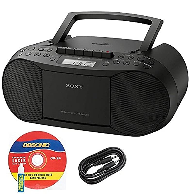 CFDS70BLK CD/Cassette Boombox Home Audio Radio, Black + Auxiliary Cable & Laser Lens Head Cleaner