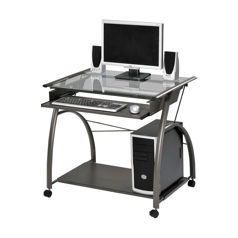ACME Furniture Vincent Contemporary Heavy Duty Metal Home Work Office Computer Desk with Pull Out Keyboard Tray and Glass Top, Pewter