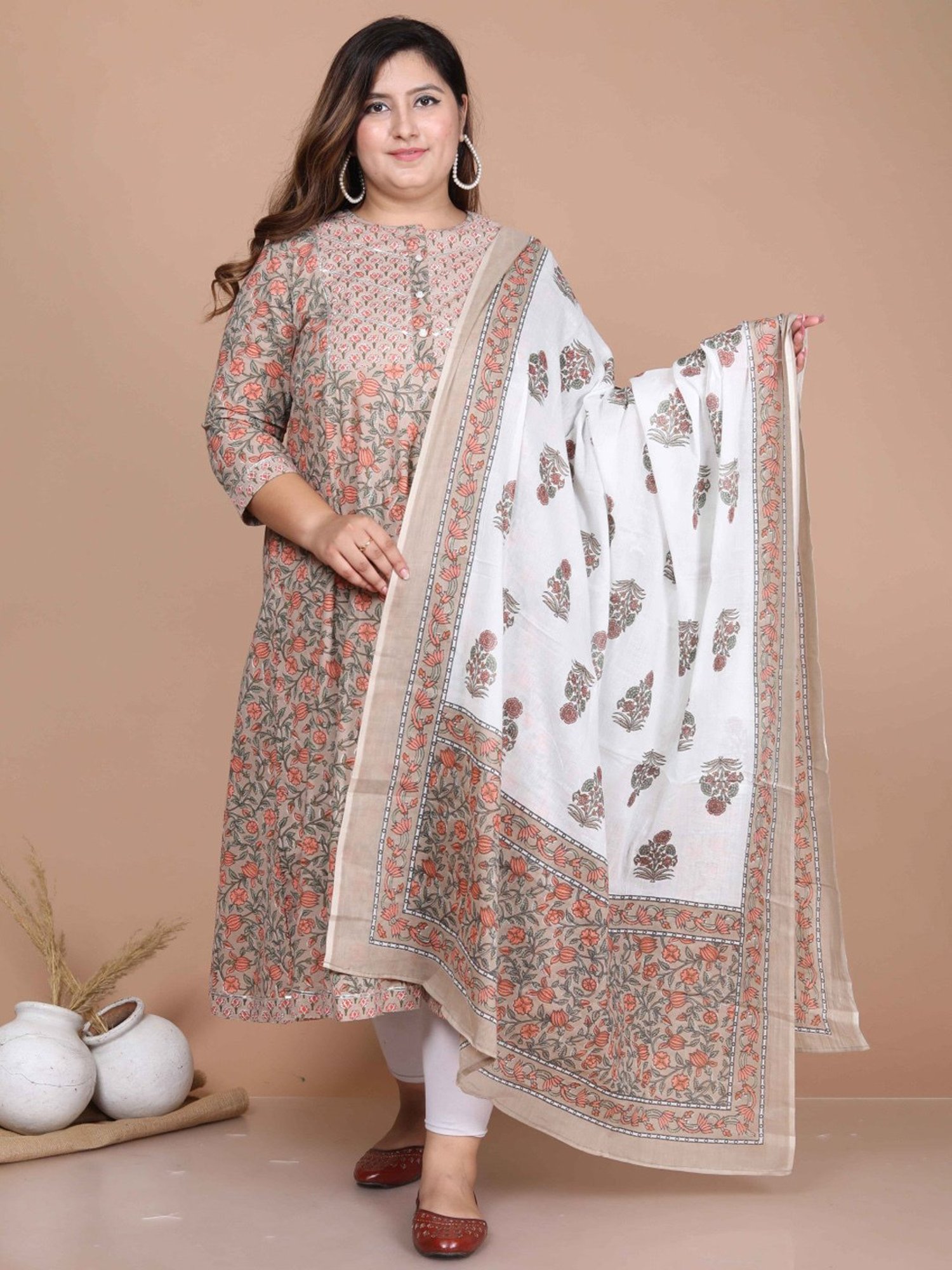 Miravan Beige Cotton Floral Print A Line Kurta With Dupatta