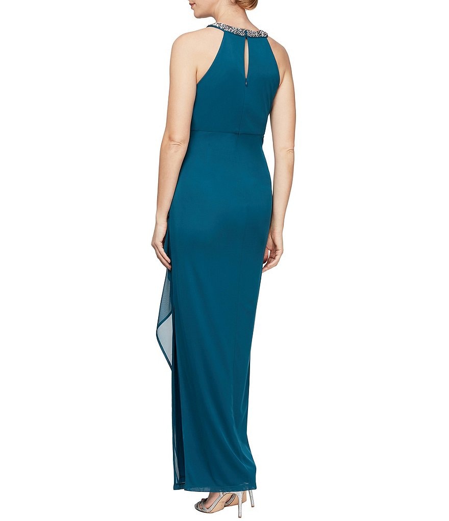 Alex Evenings Sleeveless Beaded Halter Cascade Ruffle Detail Mesh Dress