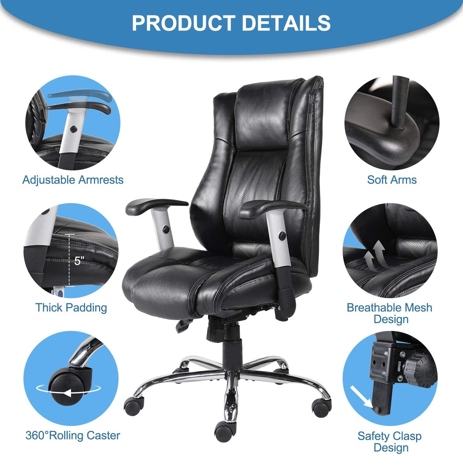 Milemont Office Chair Ergonomic Computer Bonded Leather Adjustable Desk Chair, Swivel Comfortable Rolling, Black