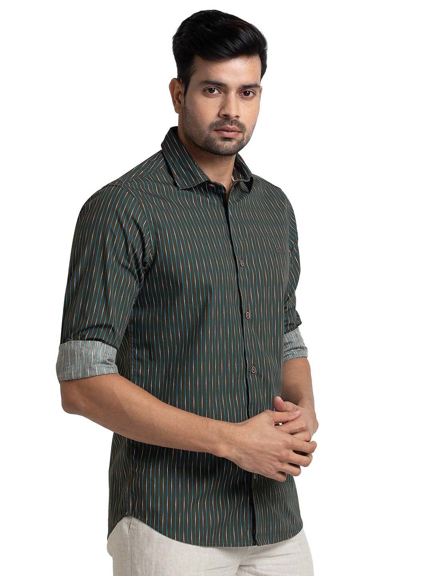 ColorPlus Green Tailored Fit Striped Shirt