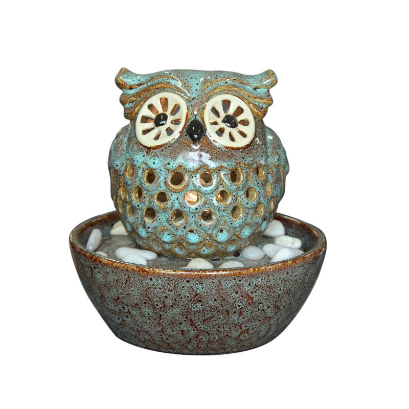 8" Ceramic Owl in Bowl Tabletop Fountain with LED Light Turquoise - Hi-Line Gift