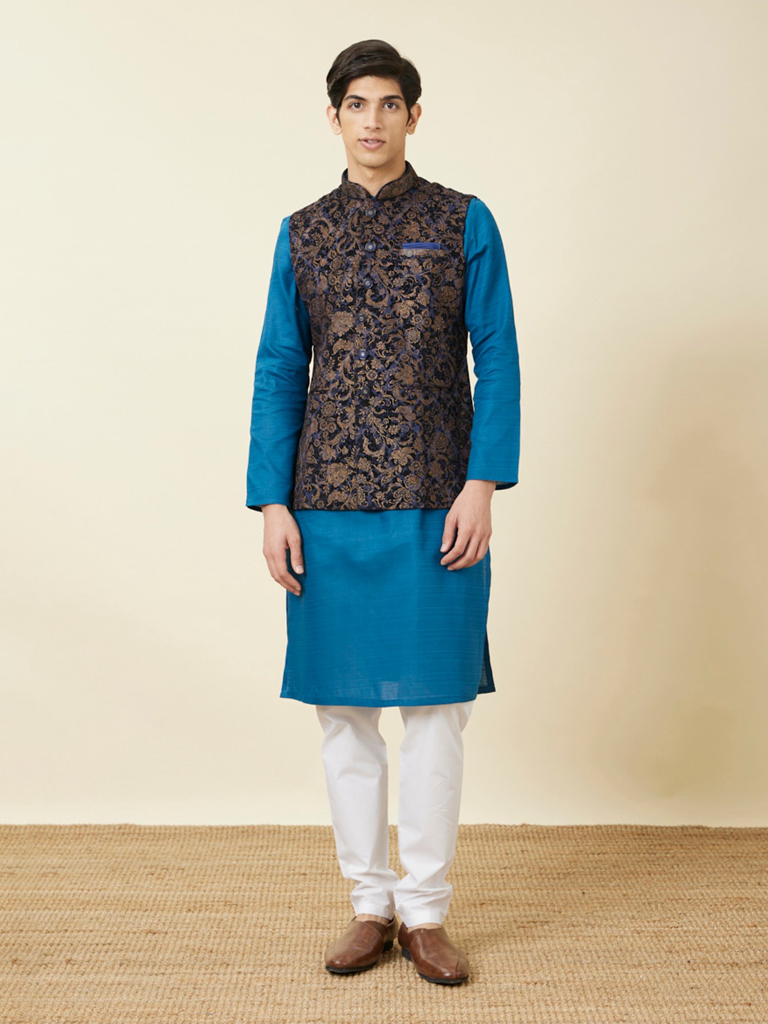Manyavar Blue Regular Fit Printed Nehru Jacket